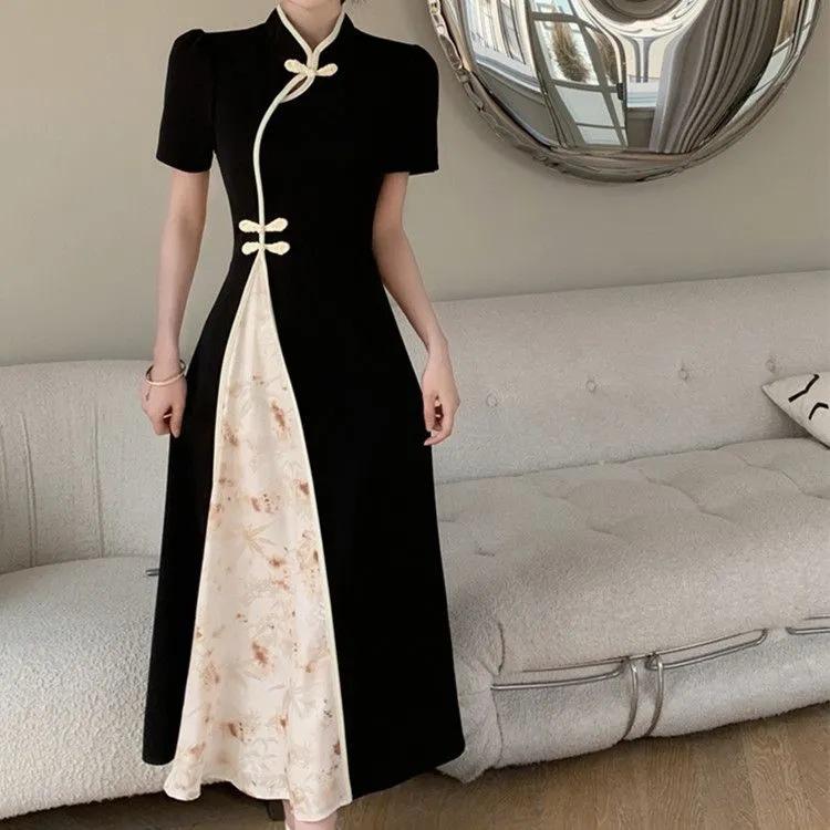 Новое улучшенное платье Cheongsam с пряжкой в ​​китайском стиле с короткими рукавами, летняя тонкая талия в стиле ретро и длинная юбка