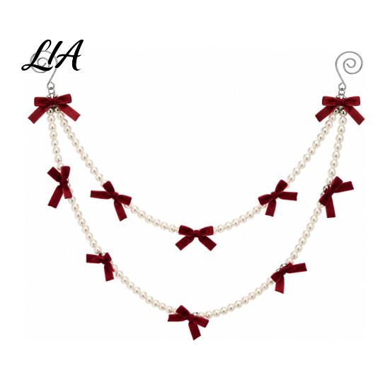 Christmas Window Display Velvet Bow Faux Pearl Garland, 2 Layers Beads Seasonal Home Accents Hanging String Strand for Tree, Wreath, Fireplace,