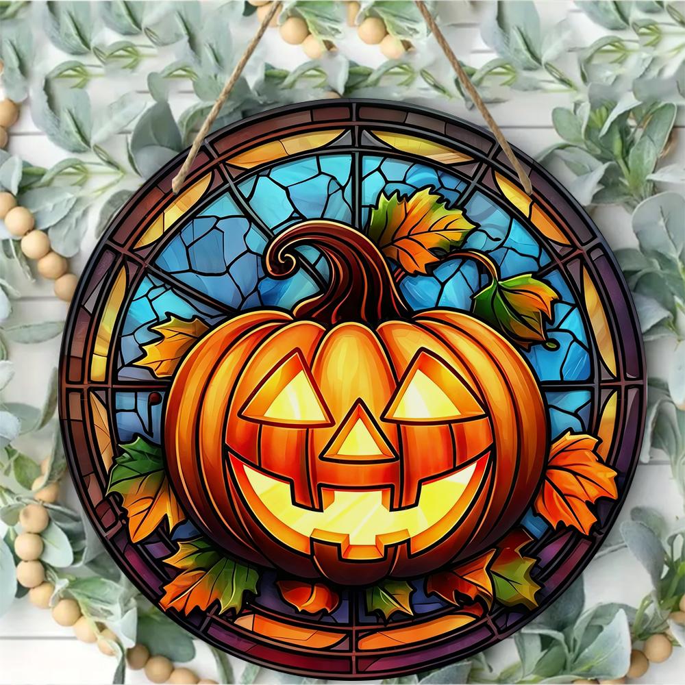 Stained glass style pumpkin autumn harvest round wooden hanging plaque indoor outdoor wall decor front door sign home festival party ornament