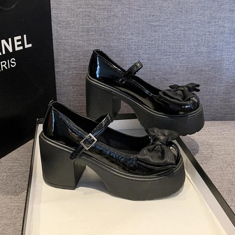 2025 Лето Новые Туфли Мэри Джейн на Грубом Каблуке Модные Туфли-Лодочки с Бантом на Толстом Каблуке и Круглым Носком Трендовая Уличная Обувь Лолита