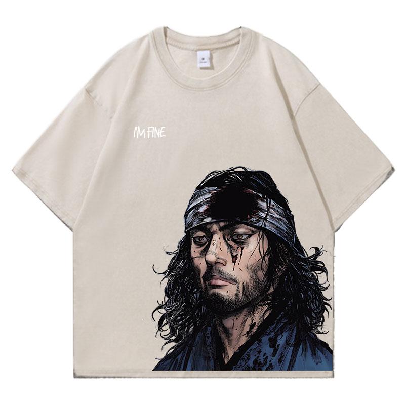 Аниме Футболки Vagabond с кислотной стиркой Мужские Винтажные Футболки с вываркой Оверсайз Хлопковая Футболка Хлопковая Мода Уличная Одежда Унисекс Топ