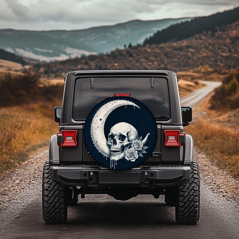 Gothic Skull Moon Rose Pattern Polyester Tire Cover With Detailed Skull Crescent White Rose Illustration Design, Easy Installati