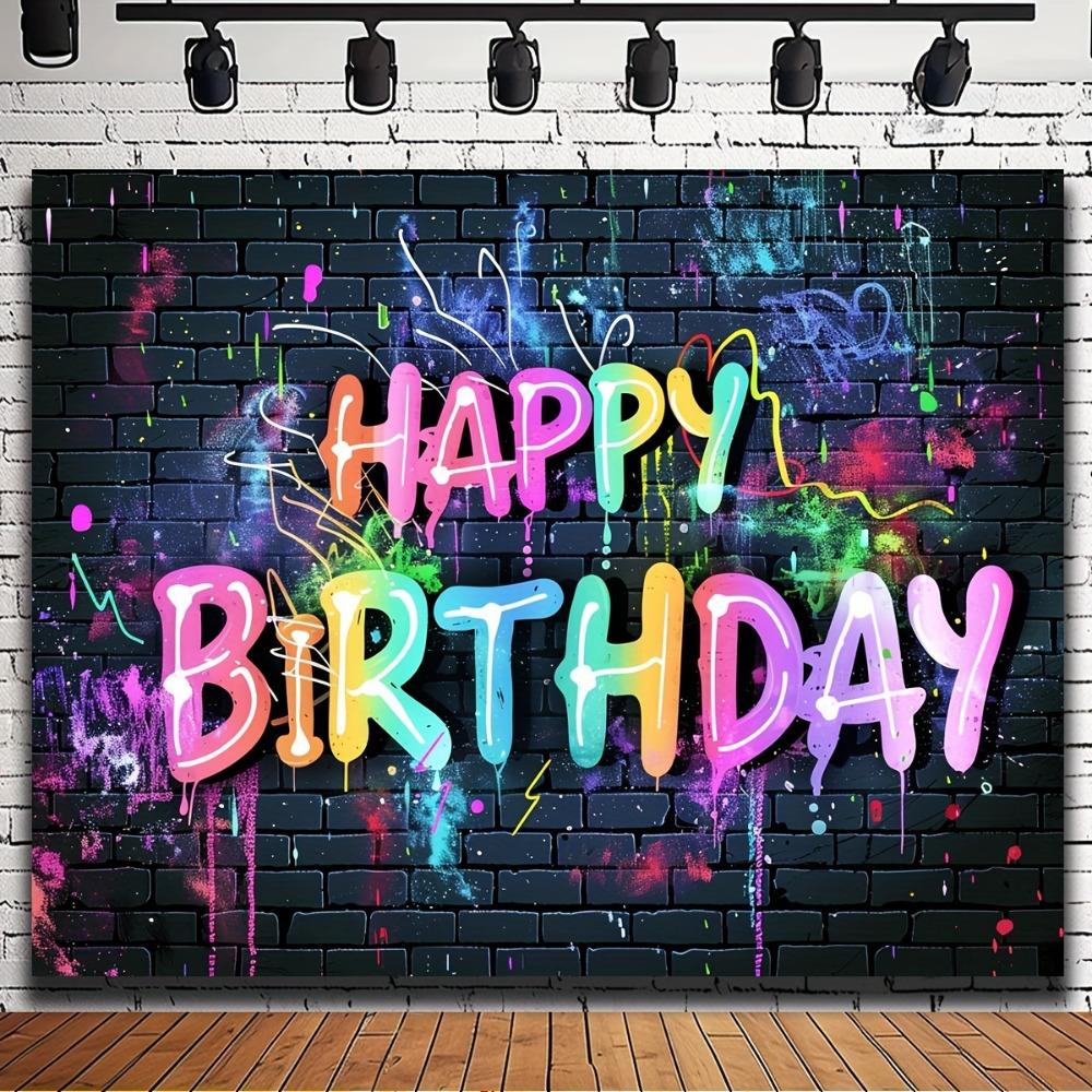 Happy Birthday background Vibrant neon graffiti brick wall design colorful hip hop photography background party decorations