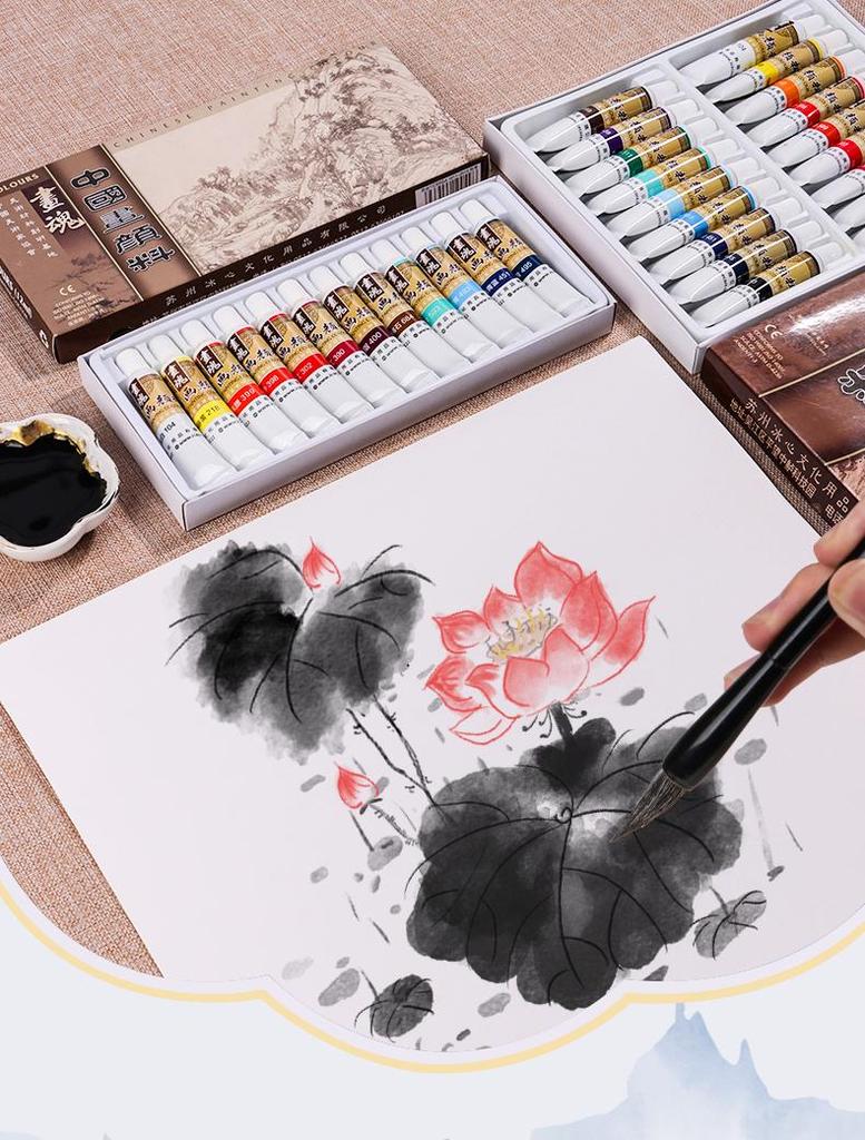 Beginner & Professional Chinese Painting Set: 12-24 Colors, Full Ink Wash Tools.
