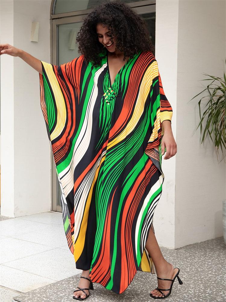 EDOLYNSA Boho Women's Plus Size Kaftan Beach Maxi Dress Summer Striped Print Beachwear Swimsuit Cover Up V-neck Loose House Dresses Q1628