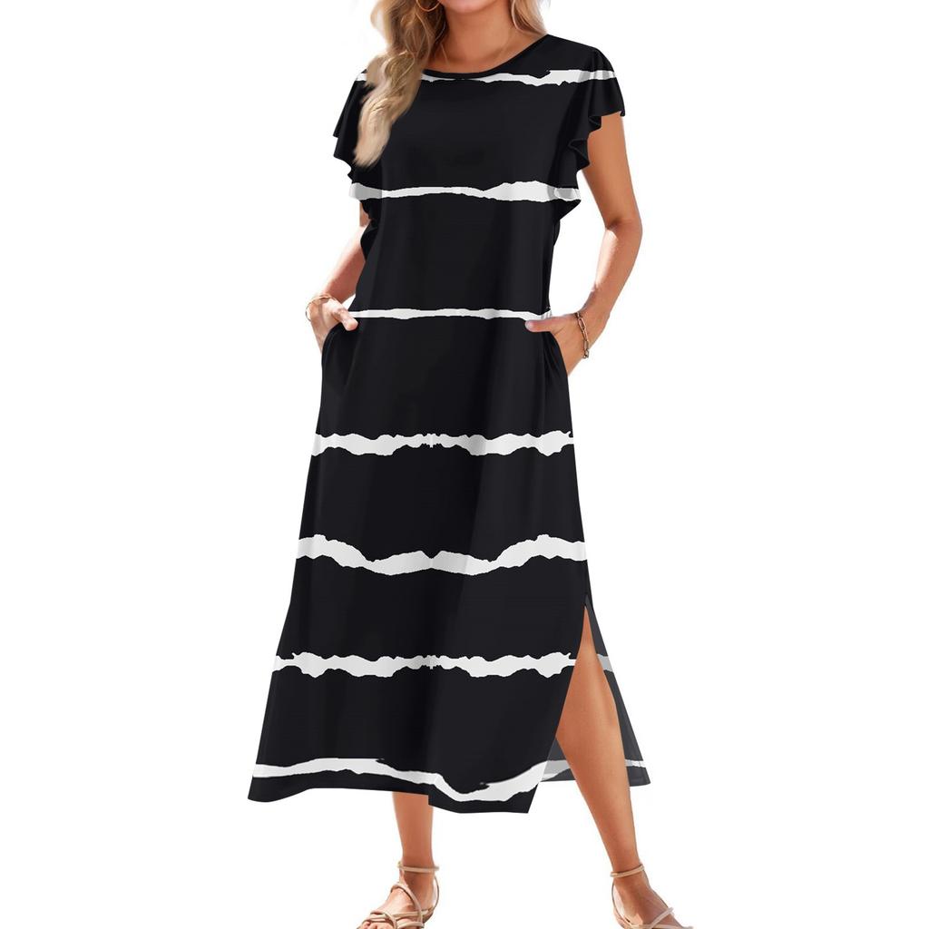 Женское модное летнее повседневное пляжное платье с плиссированными рукавами, свободными полосатыми короткими рукавами, круглыми завязками и карманами