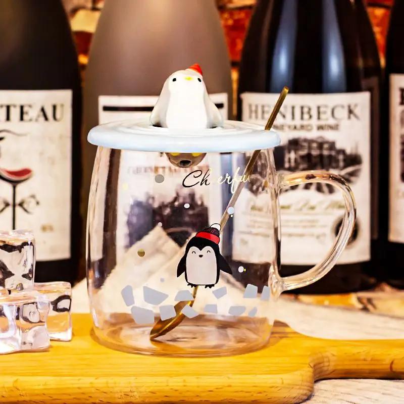 3D Lid Penguin Glass Mug With Spoon Mate Cup of Drinking Cute Mugs Coffee Cups Cup for Tea Glasses for Drinks Mugs Free Shipping