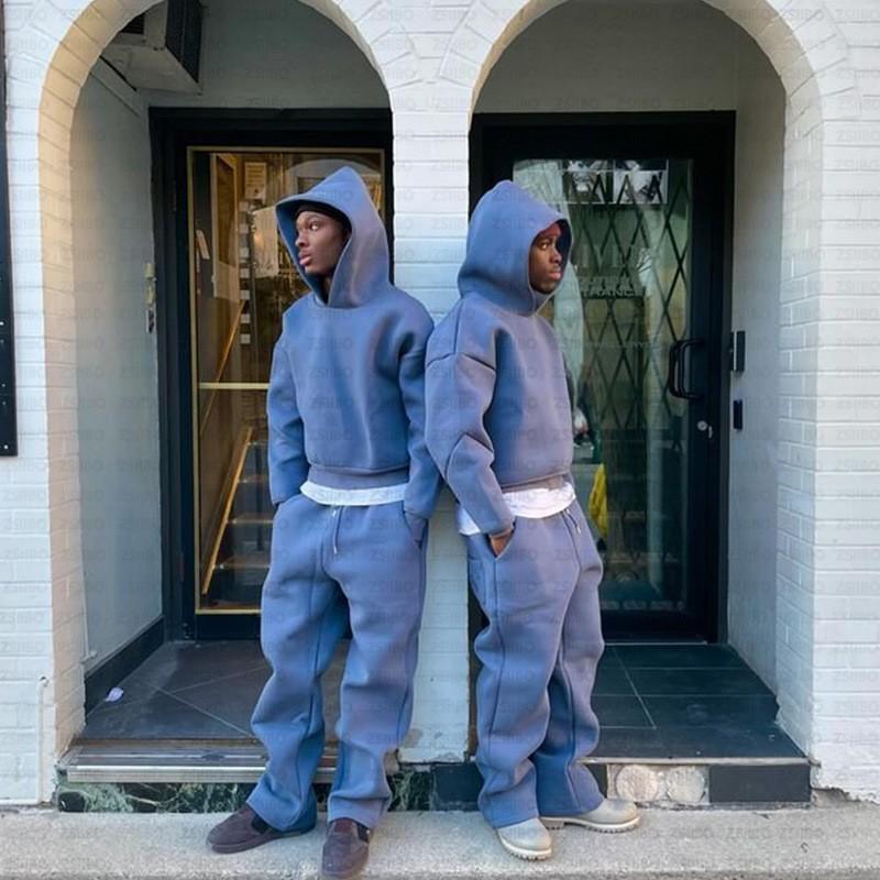 Unisex Oversized Hooded Sweatshirt Matching Joggers Set Solid Color Streetwear Casual Lounge Wear