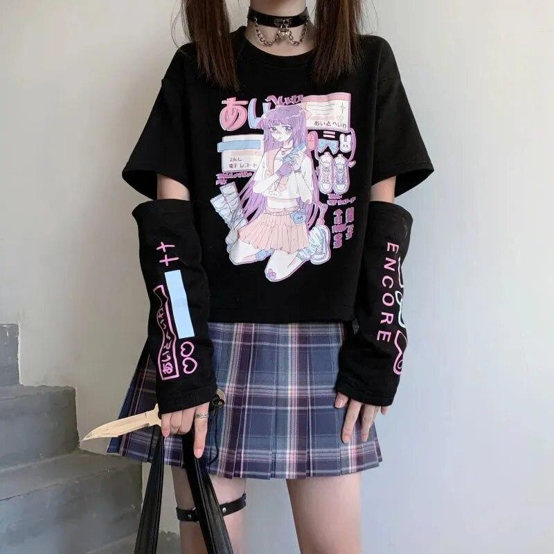 Японская уличная одежда E Girl аниме футболка одежда с нарукавниками графический топ Harajuku Kawaii весенние топы для женщин футболка