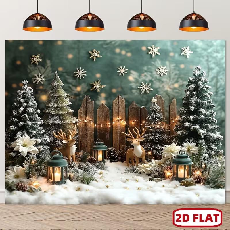 2D Enchanted Winter Forest Christmas Backdrop with Reindeer & Snowflakes Party Background