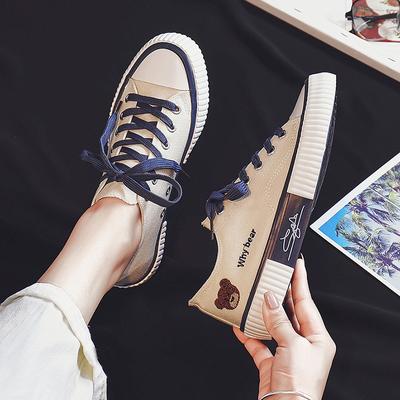 Холщовые кеды с медведем женские весенние новые кроссовки для школьников маленькие белые туфли на шнуровке кеды на платформе прилив