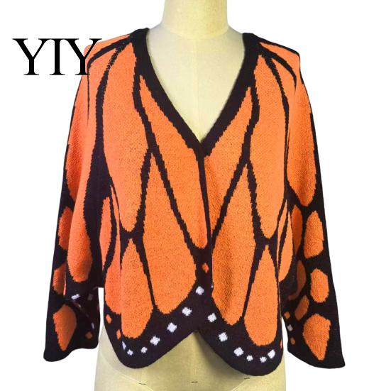 Soft Polyester Butterfly Pattern Sweater Knit Shawl Cardigan, Batwing Sleeve Open Front Poncho Creative Music Festival Outfit Cape, Colorblock