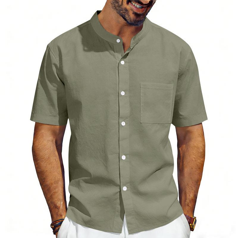 Men's Linen‑Blend Mandarin Collar Short‑Sleeve Shirt, Stand Collar Button‑Down with Chest Pocket, Breathable Relaxed‑Fit Casual Summer Top for Daily