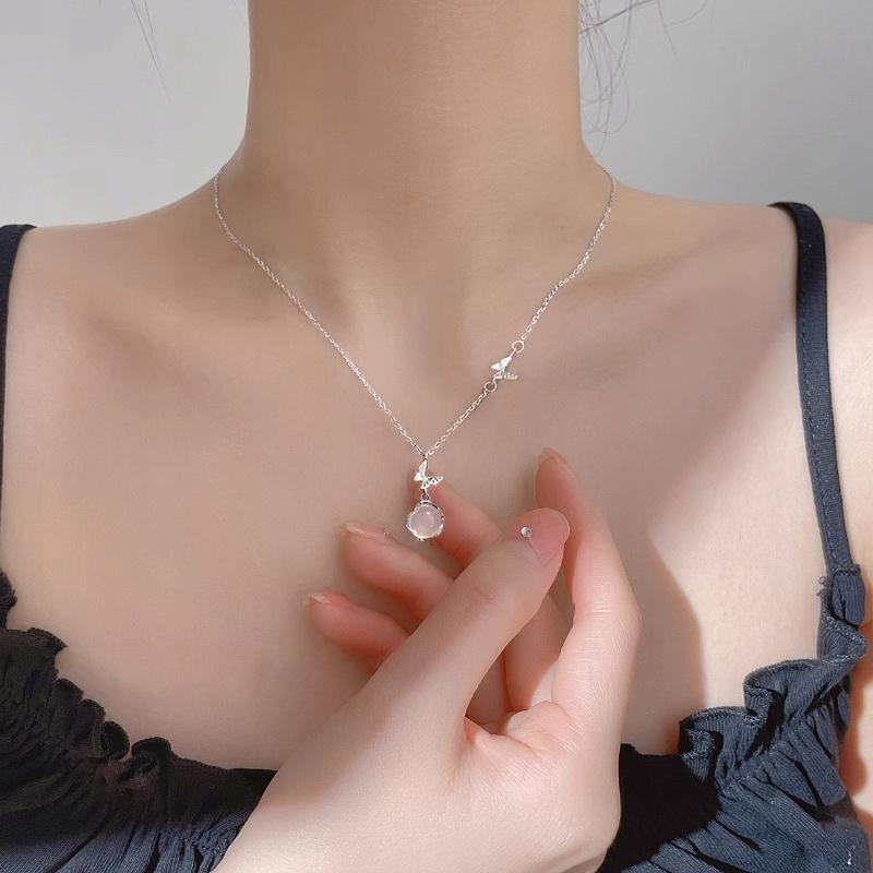 Necklace Silver 925 Chain Butterfly Pendants Imitation Jade Cat's Eye