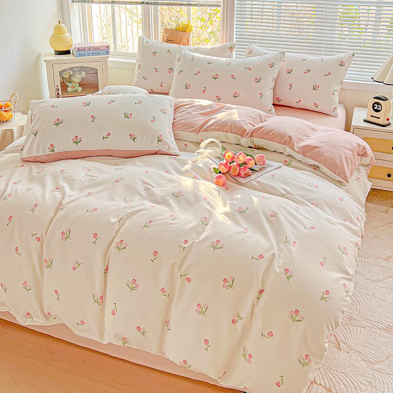 American Country Floral Printed Duvet Cover Set Soft Breathable Double Bedding for Spring Summer Quilt Cover Set with Flat Sheet