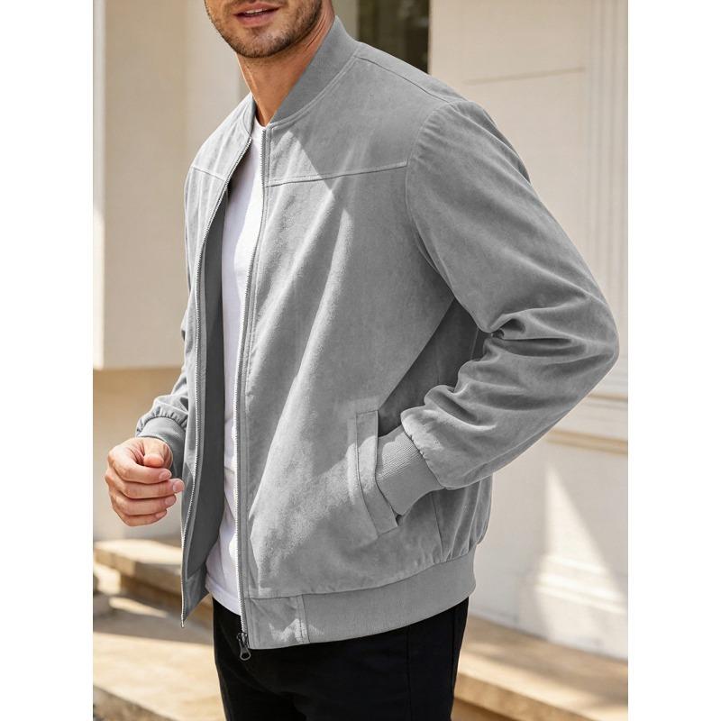 Men's Suede Solid Zip Stand Collar Casual Sports Jacket Stretch Top.