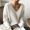 Hirsionsan Thicken Sweater Women 2020 Vintage Minimalist Autumn Winter Sweater Korean Casual Solid Knitted Pullovers V Neck Tops