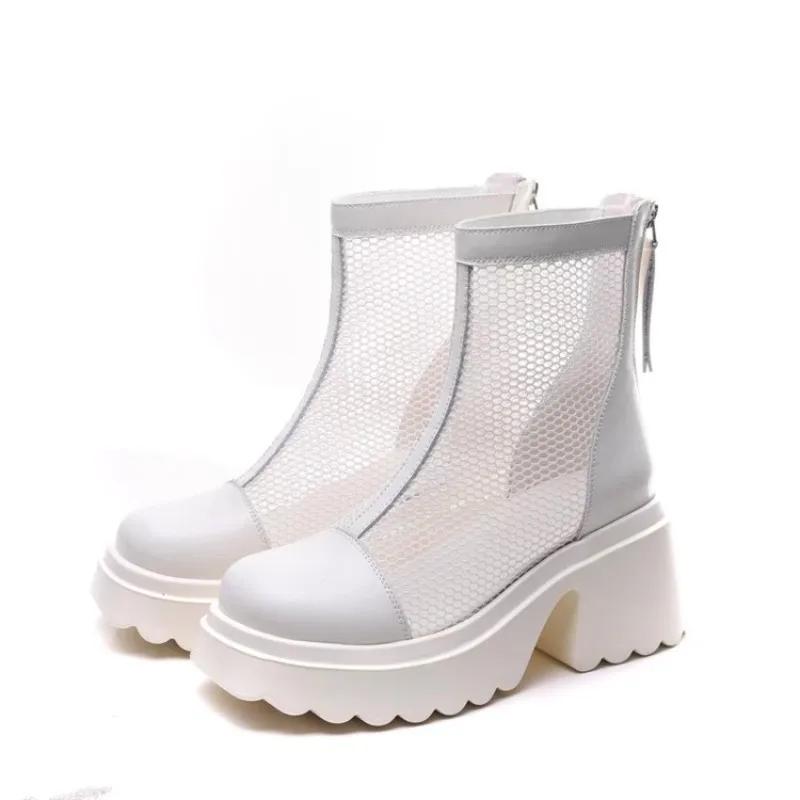 Мода 2025 Новая женская обувь Однотонные туфли с круглым носком и толстым каблуком Женские ботинки Модная сетчатая дышащая и удобная женская обувь