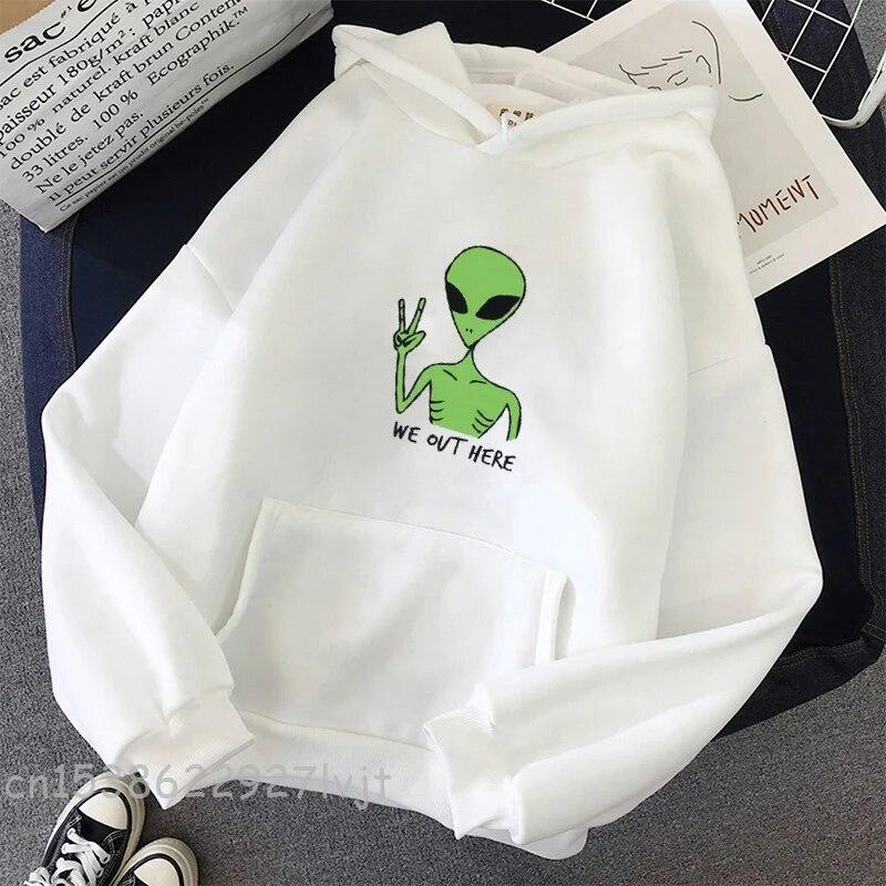 Alien WE OUT HERE Print Oversized Sweatshirt Women Kawaii Hoodies Clothes Hoody Jacket Long Sleeve Harajuku Aesthetic Tops Unisex Hoodie