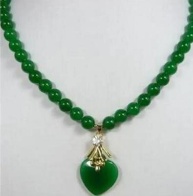 Благородное женское ожерелье из зеленого натурального нефрита диаметром 8 мм, 17 дюймов + подвеска в виде сердца