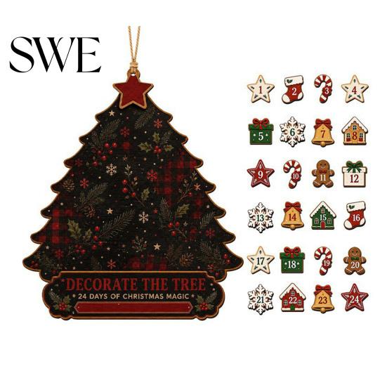 Kids Holiday Gift Wooden Christmas Tree Advent Calendar, 24-Day Countdown Hanging Decoration Ornament Set with Mini Ornaments, Wall Decor, Family