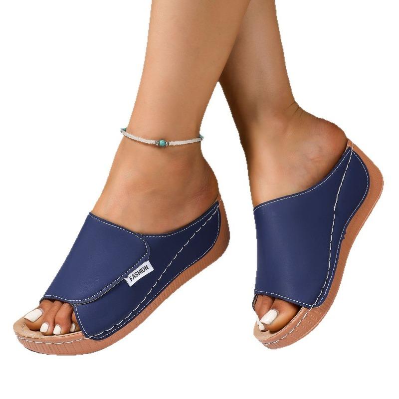 Большой размер тапочки на танкетке повседневные женские туфли лето новые широкие полосы простые модные тапочки с открытым носком женские