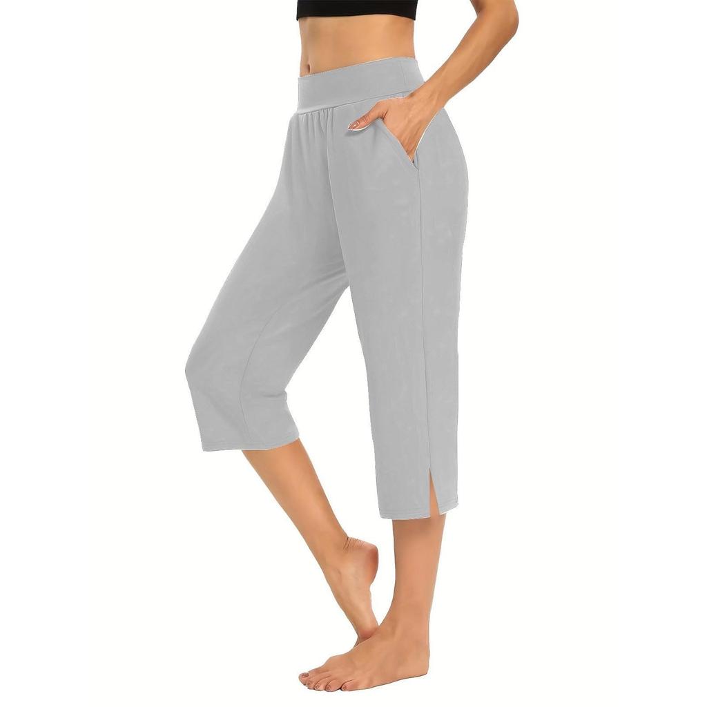 Women Elastic High Waist 3/4 Pant Casual Active Fit Wide Capris Leg Pants Trousers With Pockets