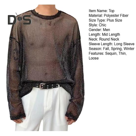 Men Mesh Top Thin See-through Shiny Sequin Mesh O Neck Long Sleeves Solid Color Stretchy Loose Fit Muscle-Enhancing Party Homewear Club Dance