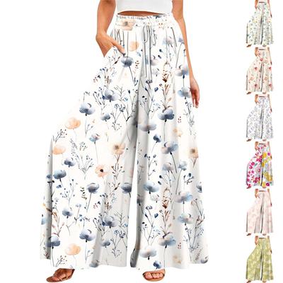 Женские летние широкие брюки с высокой талией и струящимися карманами, модные повседневные повседневные пляжные брюки в богемном стиле с принтом