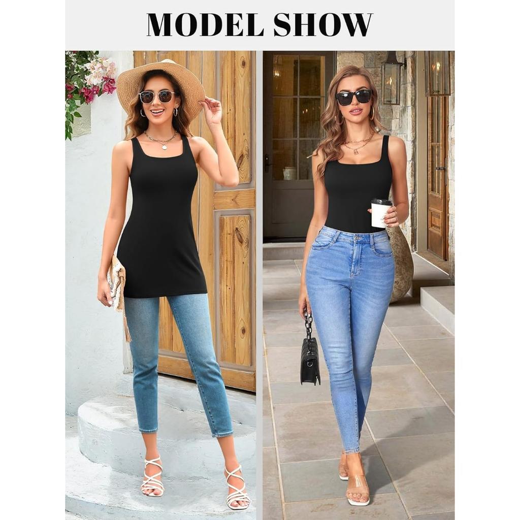 CHARMLEAKS Женская длинная майка с бюстгальтером с квадратным вырезом и широкими бретелями, летние хлопковые майки