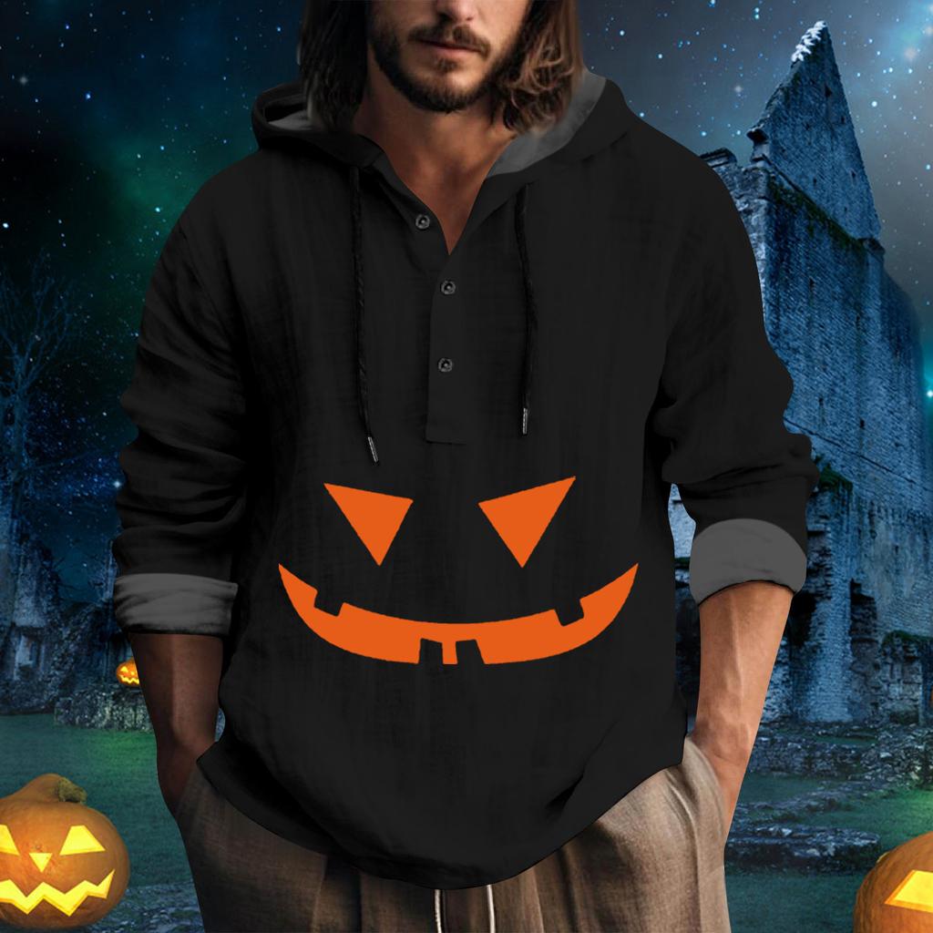 Halloween Printed Hooded Men's Oversized Drawstring Button Hoodie
