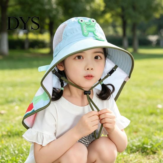 Kids Foldable Camping Hat Summer Sun for Boys Girls, Breathable Mesh Wide Brim Cap with Neck Accessories Flap, Adjustable Strap & Whistle, UV