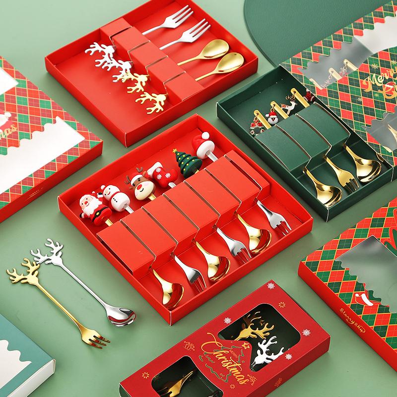 Рождественский набор вилок и ложек, Рождественская подарочная коробка с посудой, Посуда из нержавеющей стали, Вилка и ложка для кофе, чая и десерта