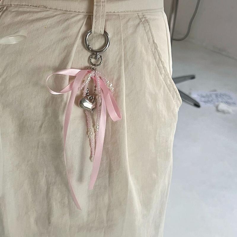 Imitation Pearl Bow Key Ring Ribbon Beaded Keychain Korean Style Hanging Accessories Y2K Heart Bag Pendant School