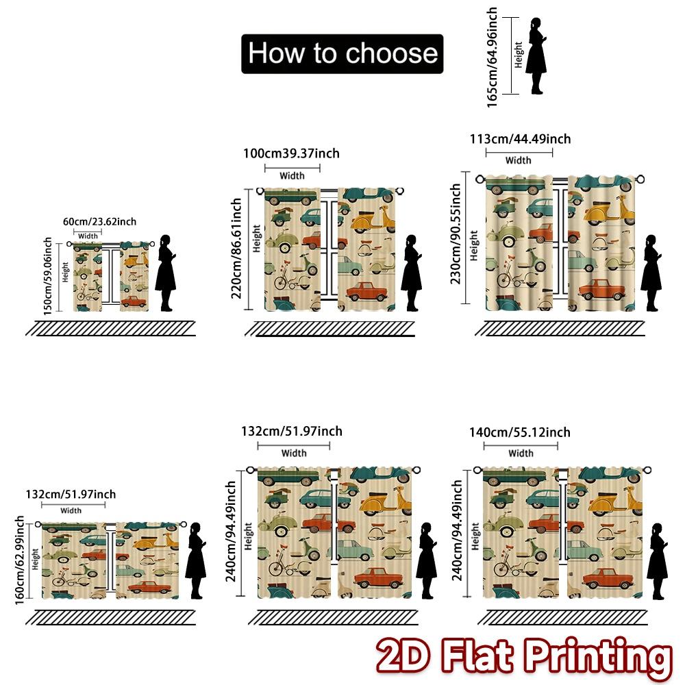 2D FLAT PRINTING 2pcs Curtains (Without Rod) Retro Cars and Scooters Popular Curtains&Drapes 100% Polyester Curtains Art Deco