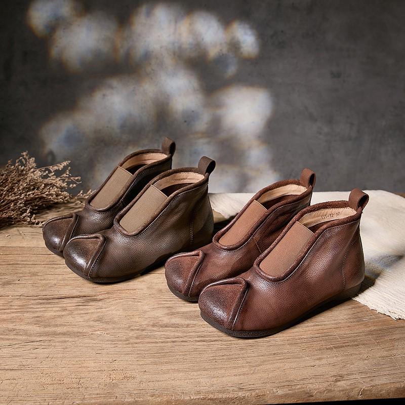 Johnature Винтажные ботильоны ручной работы из натуральной кожи на плоской подошве, с круглым носком, из мягкой коровьей кожи, женские слипоны