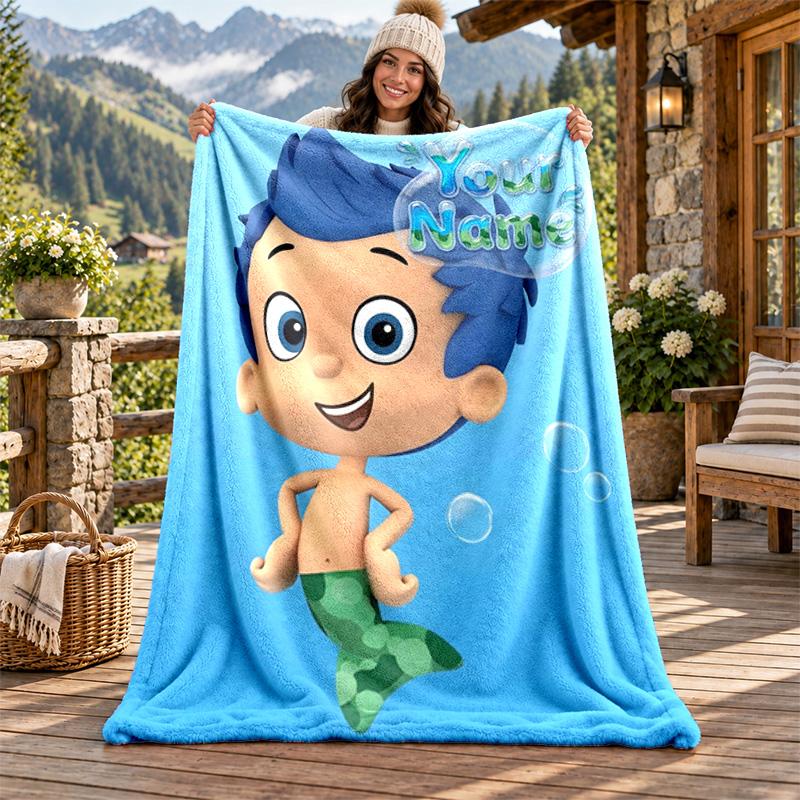 Bubble Guppies Custom Name Flannel Blanket Personalized Soft Warm Plush Throw Blanket Customized Gift for Family Friends