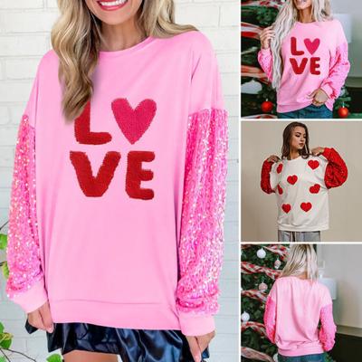 Женская толстовка на День святого Валентина с пайетками на рукавах и узором в виде сердца, яркий цвет, круглый вырез, длинный рукав, свободный пуловер средней длины, праздничный топ для вечеринки