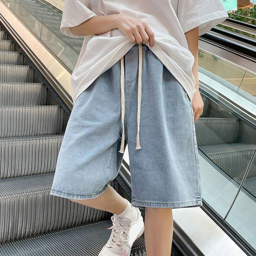 Мужские джинсовые шорты с эластичным поясом, повседневные шорты с регулируемым шнурком, свободные тонкие потертые шорты с широкими штанинами