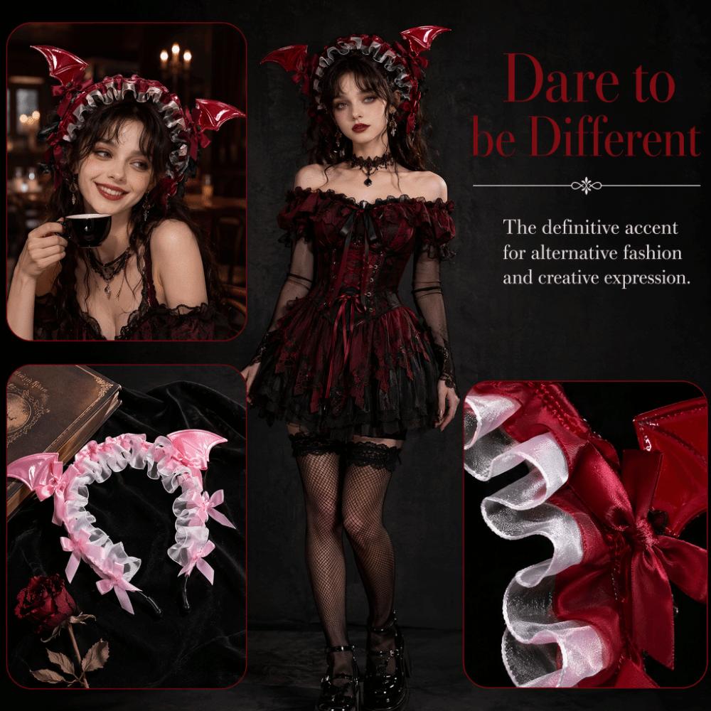 Dark Aesthetic Lace Headband Bowknot Design Gothic Headwear Bat Ears Headband For Halloween Party