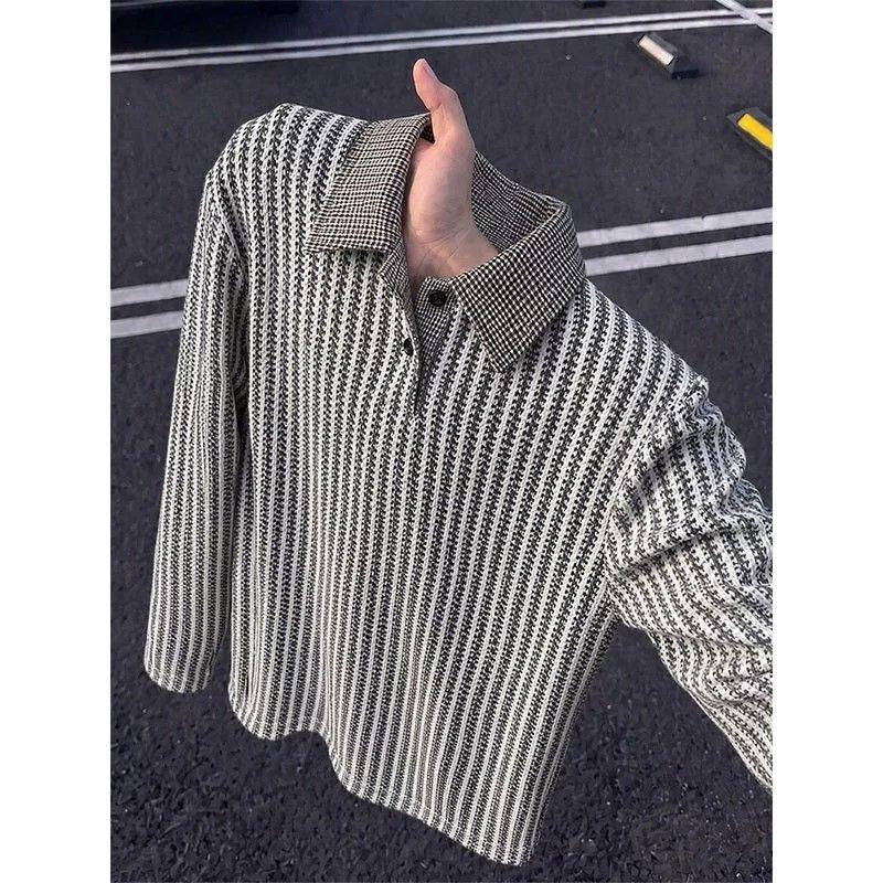 Men S Houndstooth Long Sleeve Polo Shirt Casual Top