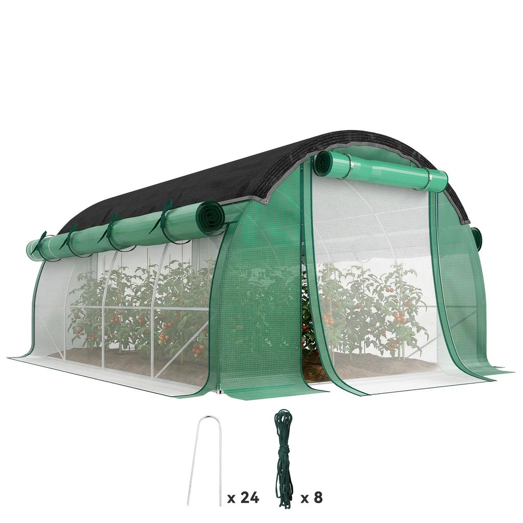 4 x 3 x 2 m Polytunnel Greenhouse with Sun Protection Net, Roll-Up Side Walls, Plastic Cover, Steel Frame, Green