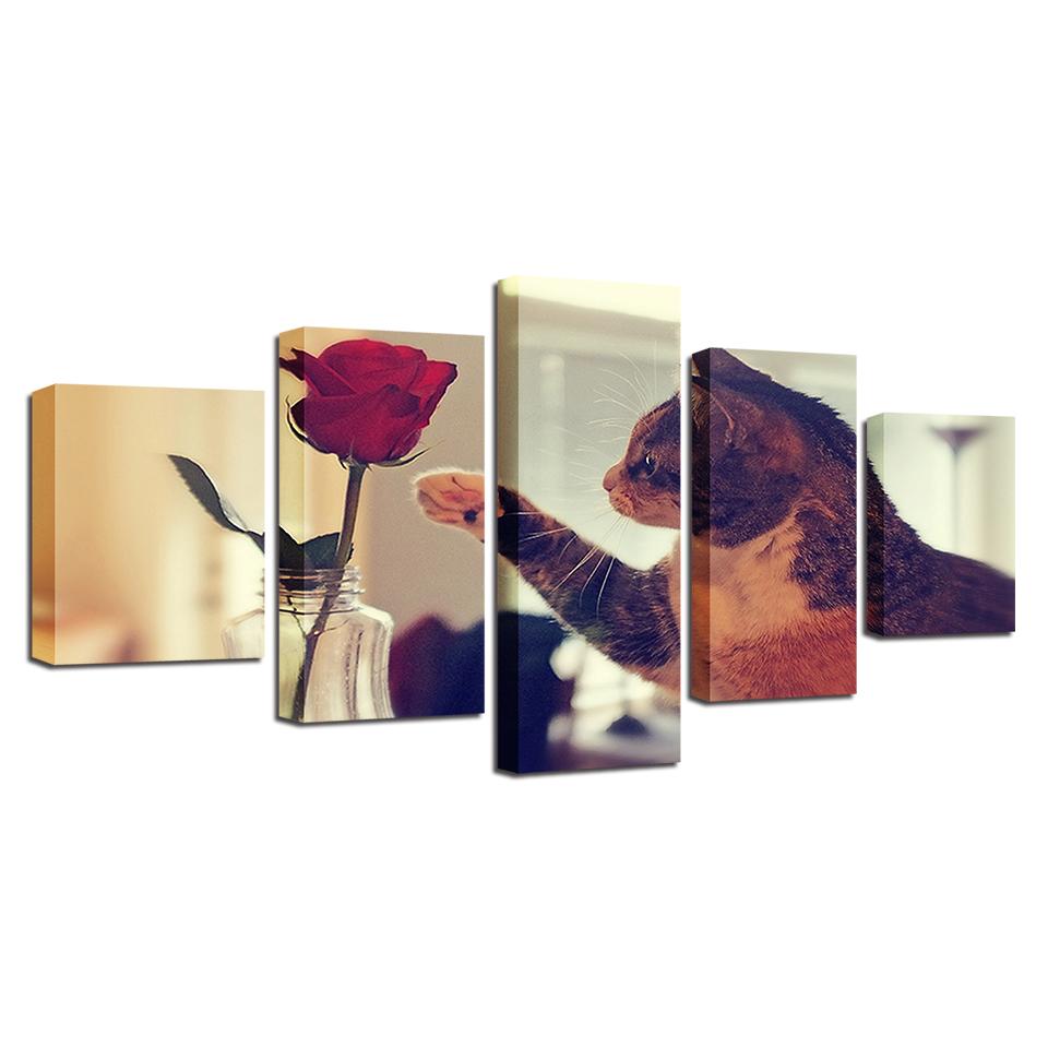 Cute Cat and Rose Canvas HD Prints Posters Home Decor Wall Art Pictures 5 Pieces Art Paintings No Frame