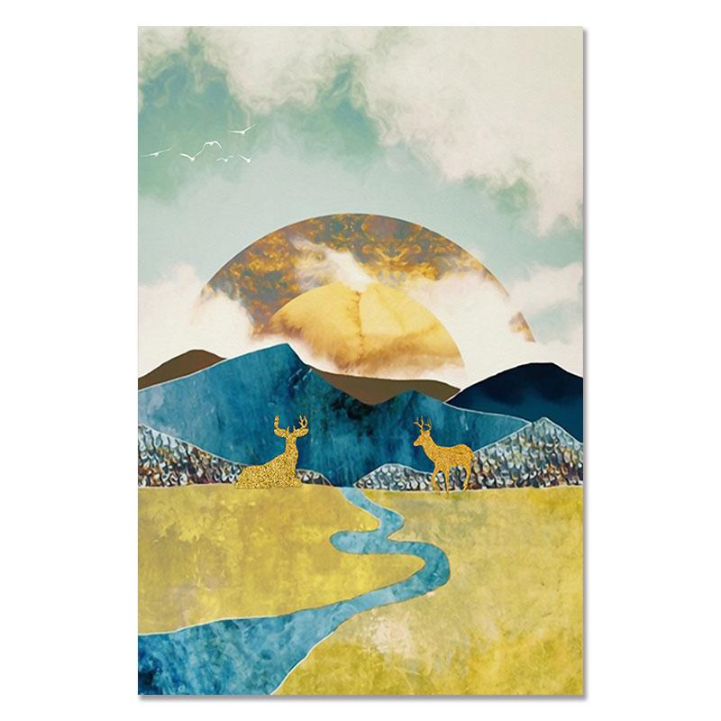 Настенные художественные фотографии с изображением восхода и заката в скандинавском стиле, холст с изображением оленя, горный пейзаж, постер и принт для интерьера, домашнего декора