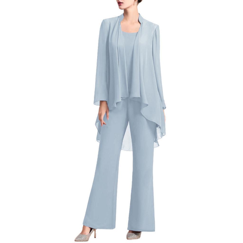 Женский элегантный шифоновый костюм для вечеринки, комплект из 3 предметов, майка с длинными рукавами и открытым передом, кардиган и длинные брюки