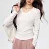 Womens Slim Fit V-Neck Long Sleeve T-Shirt With Shoulder Seam Ruched Waist Soft Combed Cotton Blend