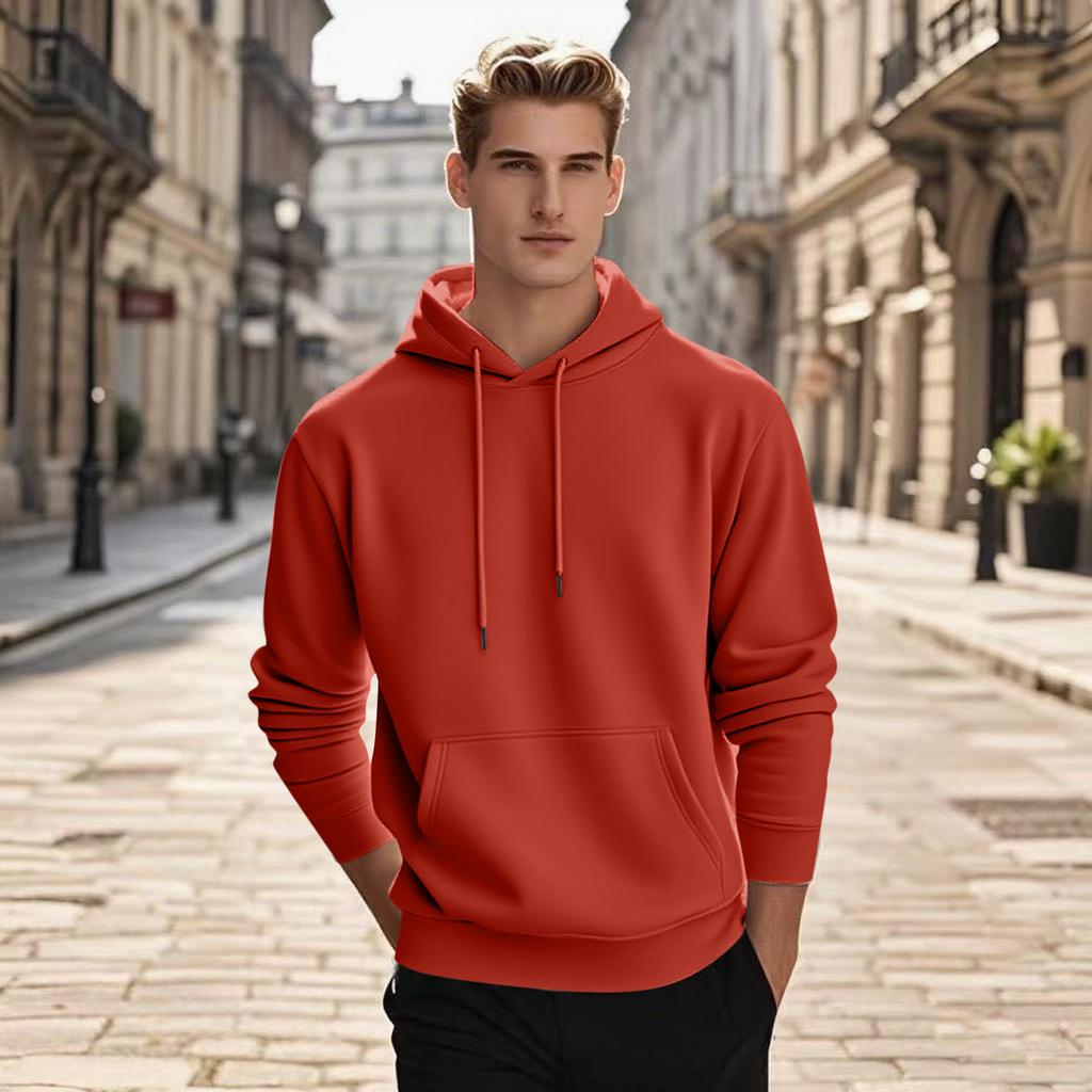 Men's Pullover Hooded Sweatshirt Solid Color Round Neck Loose Hoodie Long Sleeve Top