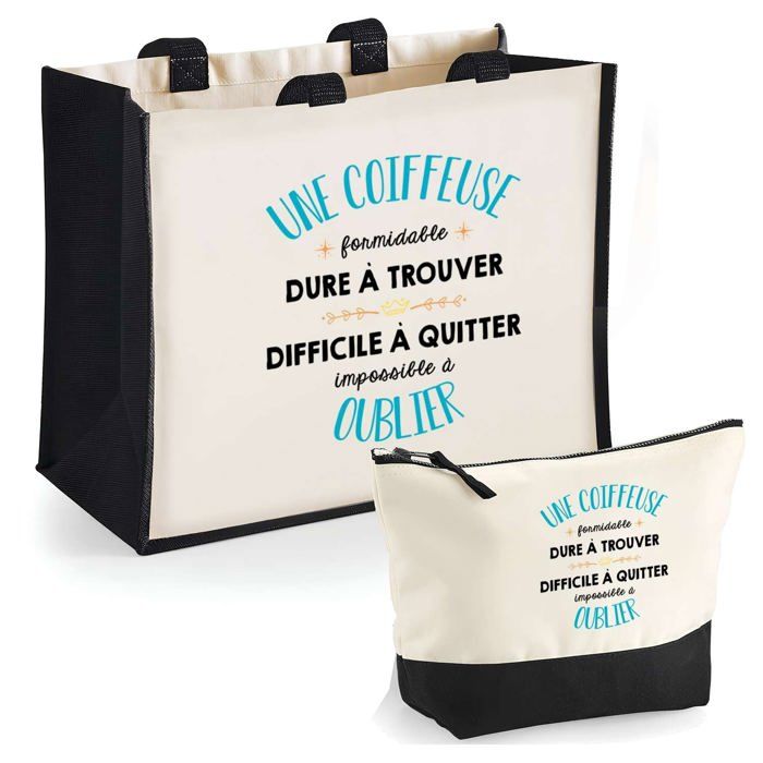 Coffret - PLANETEE - Duo cabas jute et trousse «Une Coiffeuse aussi géniale» - Jute & coton - DTF HD - Fabriqué en France