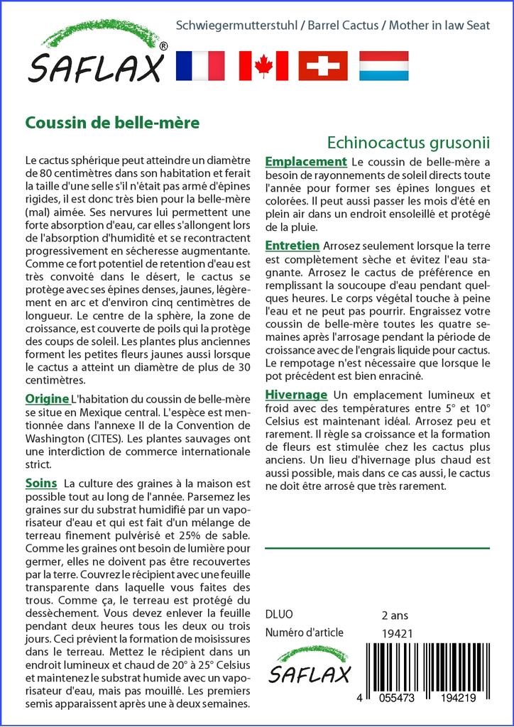 SAFLAX Garden in the Bag - Кактус-бочка / Сиденье для тещи - 40 семян - С субстратом в подходящем пакете-стойке - Echinocactus grusonii