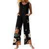 Women's Fashion Casual Button Sleeveless Jumpsuit Floral Flower Print Cotton Pocket Jumpsuit